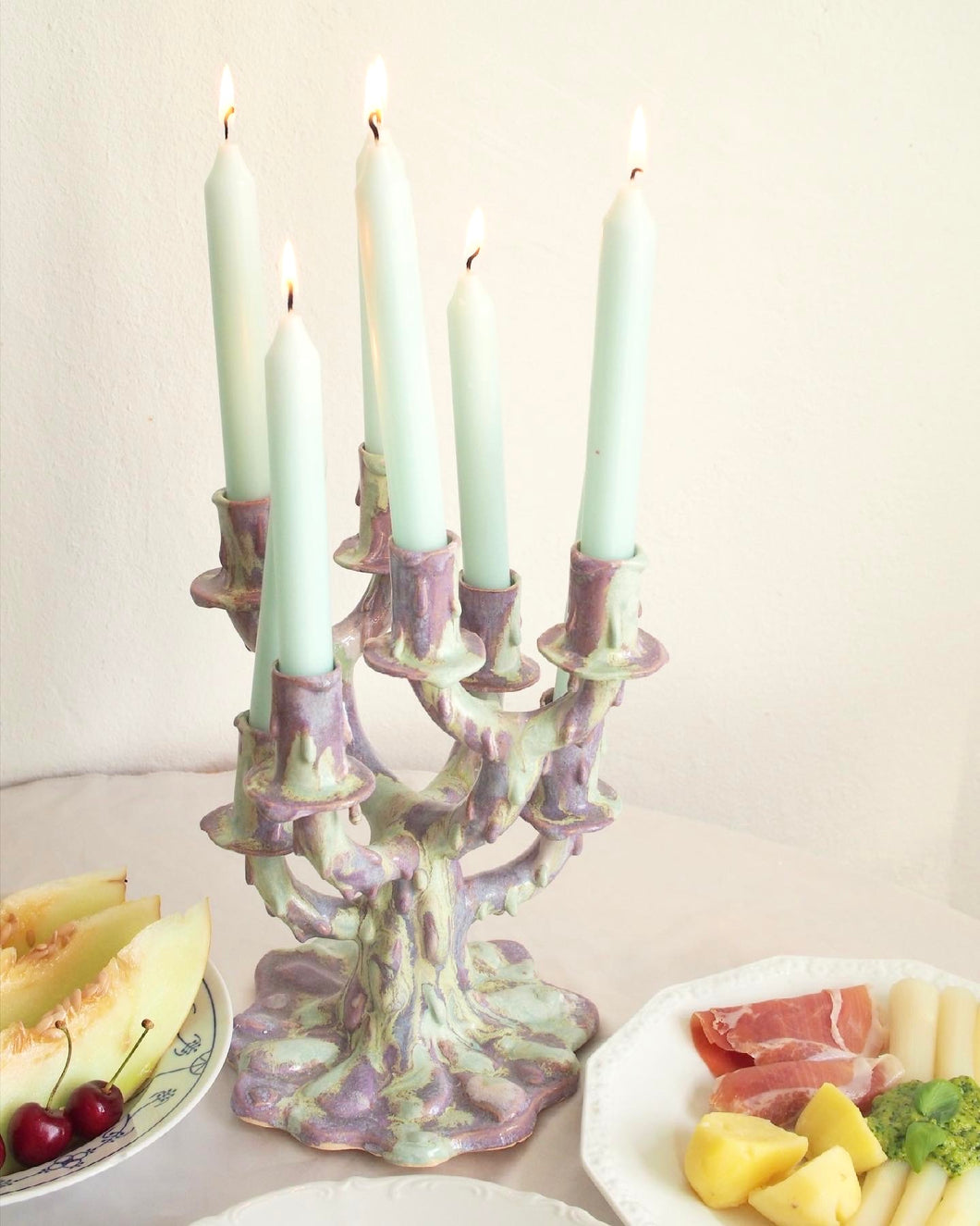 Large Melted candle stand (mint and purple)